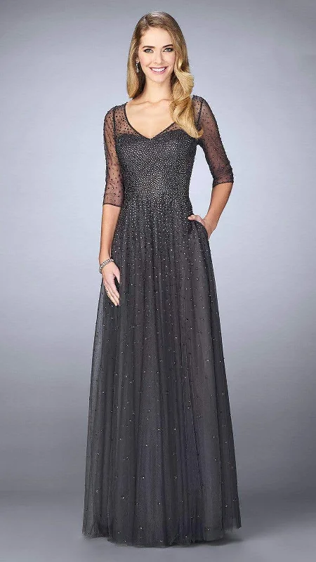 La Femme - 24894SC Sheered Sequined Quarter Length Sleeved Evening Gown Knitted party dresses