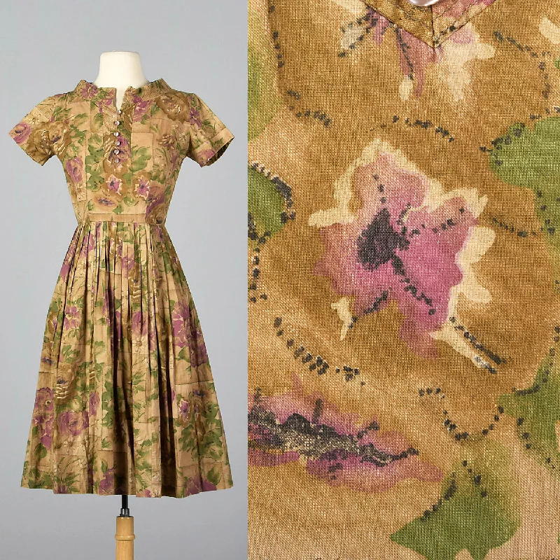 1950s Brown Floral Cotton Day Dress Anniversary floral dresses