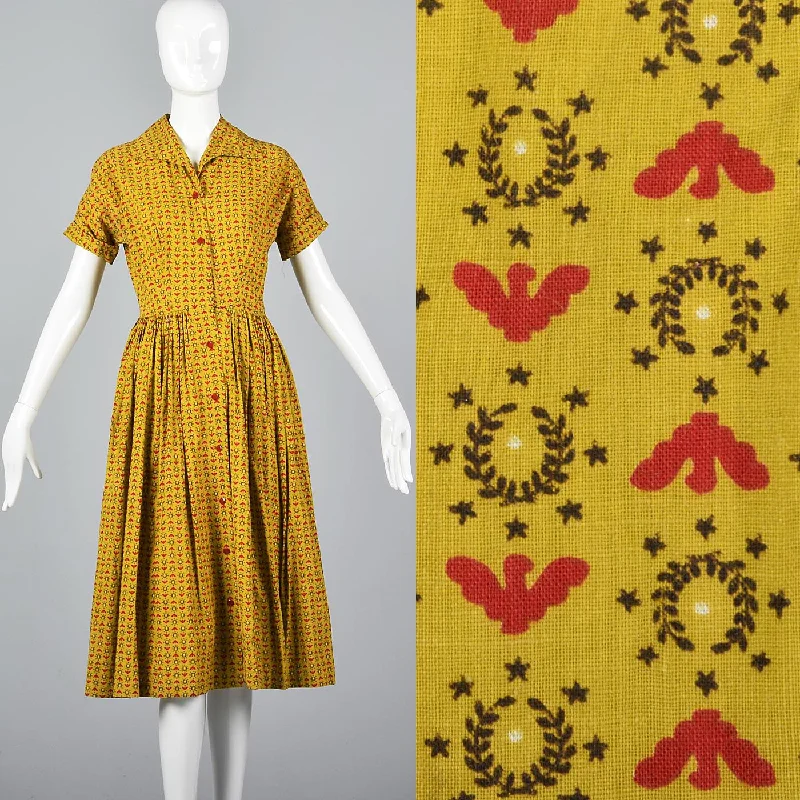 1950s Gold Novelty Print Cotton Day Dress with Eagles and Laurel Crests Vacation floral dresses