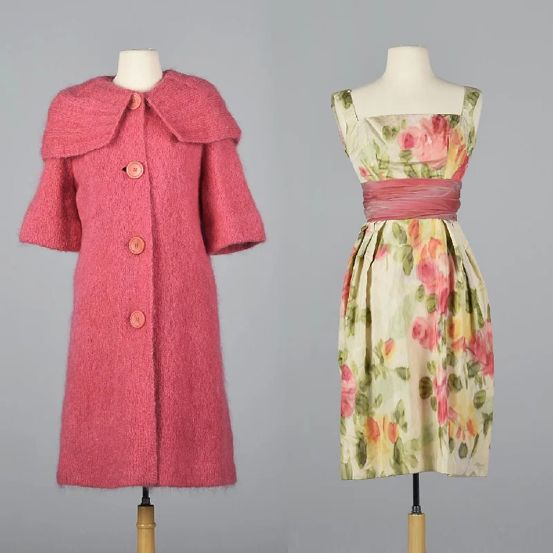 1950s Pink Mohair Coat and Floral 2 Piece Dress Set Wrap floral dresses