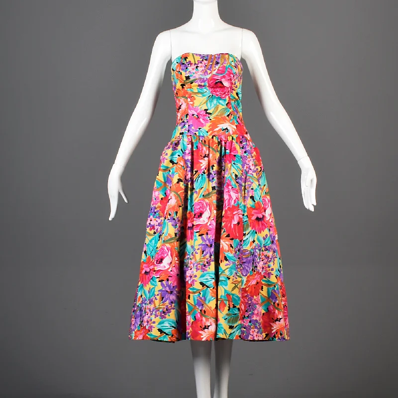 1980s Victor Costa Floral Strapless Summer Day Dress in a Colorful Floral Print Linen floral dresses