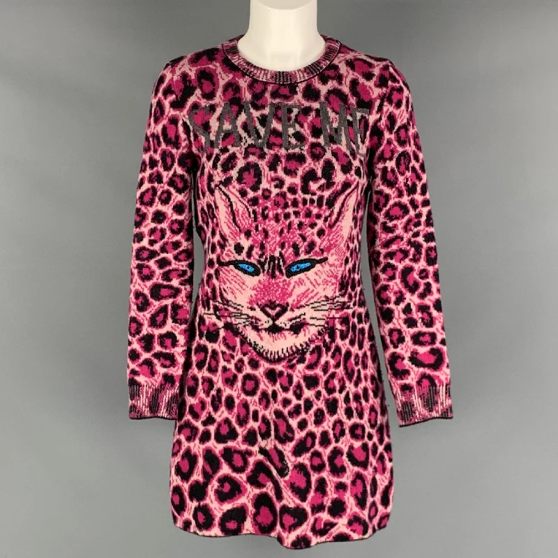 ALBERTA FERRETTI Size 4 Pink Black Virgin Wool Animal Print Long Sleeve Dress Cocktail floral dresses