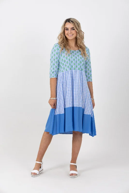 Amalfi Print Check Tiered Dress Blue Graduation floral dresses