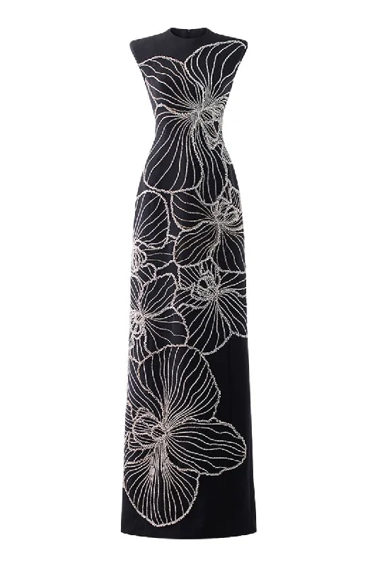 BLACK SLEEVELESS CRYSTAL ORCHID PATTERN GOWN Satin floral dresses