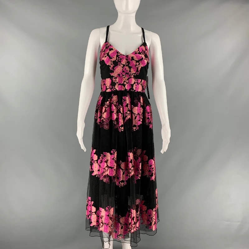 CHRISTIAN SIRIANO Size 4 Black Pink Polyester Floral Long Dress Tiered floral dresses