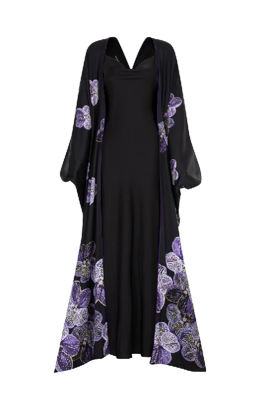 LONG PURPLE FLORAL CAPE AND BLACK STRAP DRESS Forever 21 floral dresses