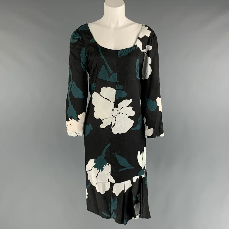 MARNI Size 6 Black Green Viscose Abstract floral 3/4 Sleeves Dress Mini floral dresses