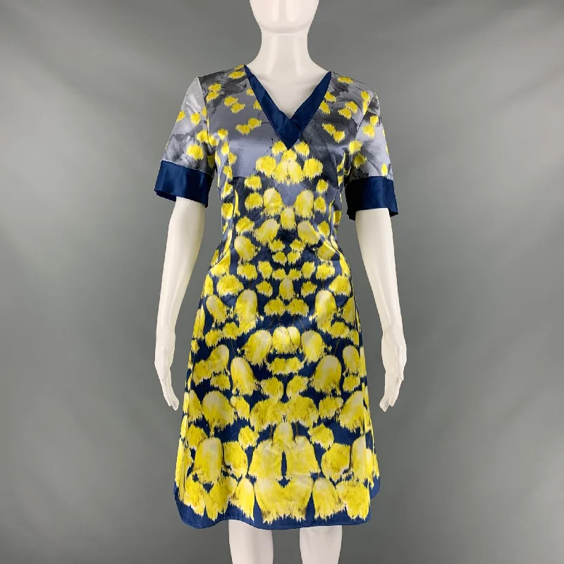 PRABAL GURUNG Size 10 Blue Yellow Cotton Silk Print A-Line Dress Garden party floral dresses