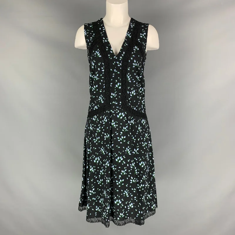 PRADA Size 8 Black Blue & Green Viscose Elastane Floral Sleeveless Dress Women's trendy floral dresses sale