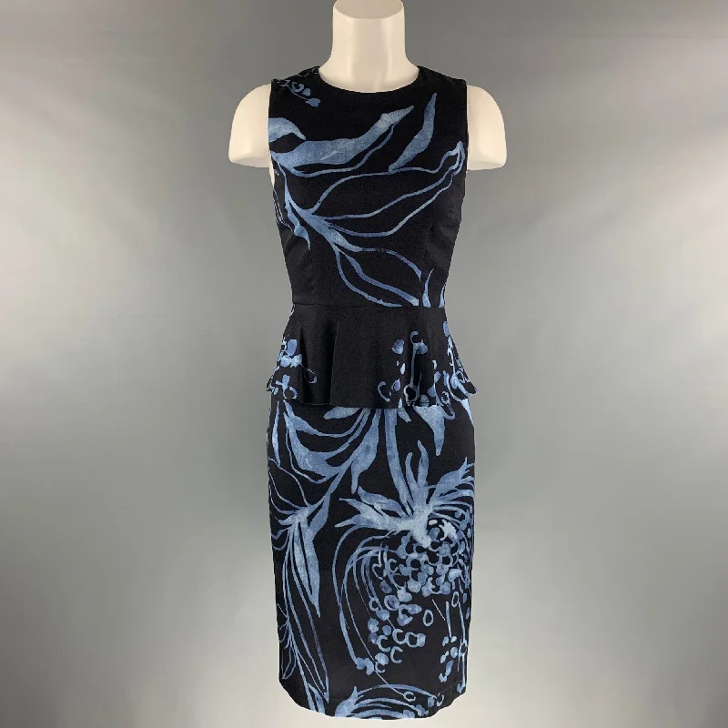 SUNO Size 2 Black Blue Silk Elastane Abstract floral Sleeveless Dress Chic floral dresses