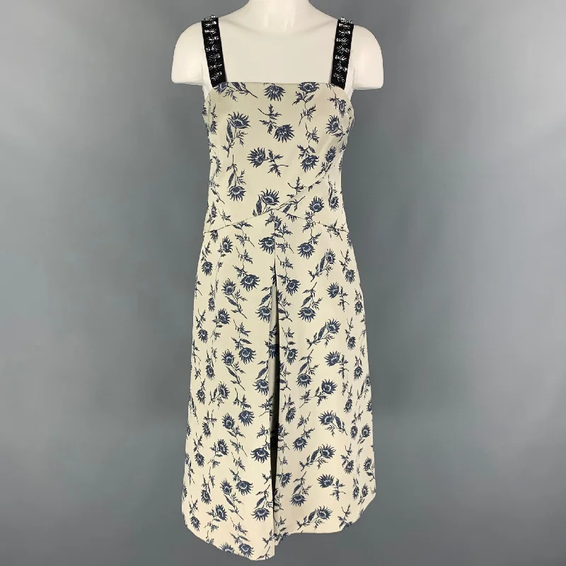 TORY BURCH Size 8 Grey Blue Linen Polyester Floral A-Line Mid-Calf Dress Boohoo floral dresses