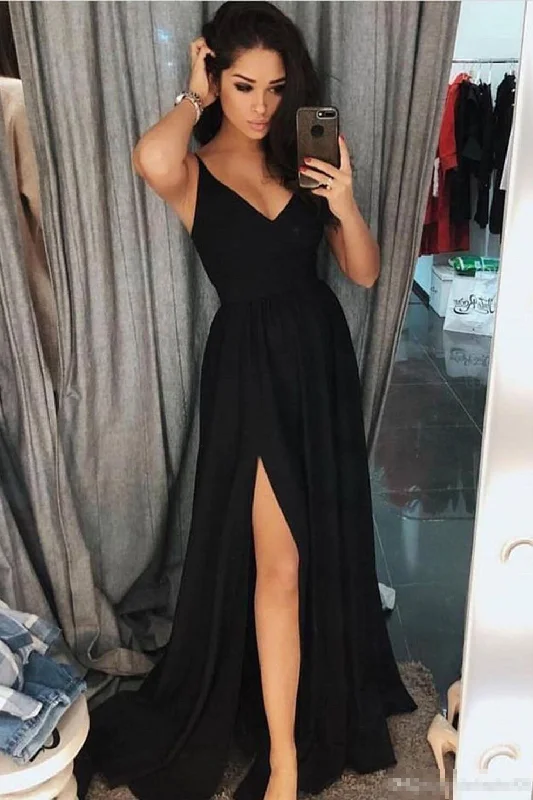 A Line Black Spaghetti Strap V Neck Prom Dresses with Side Slit N1597 Flowy unclassified dresses