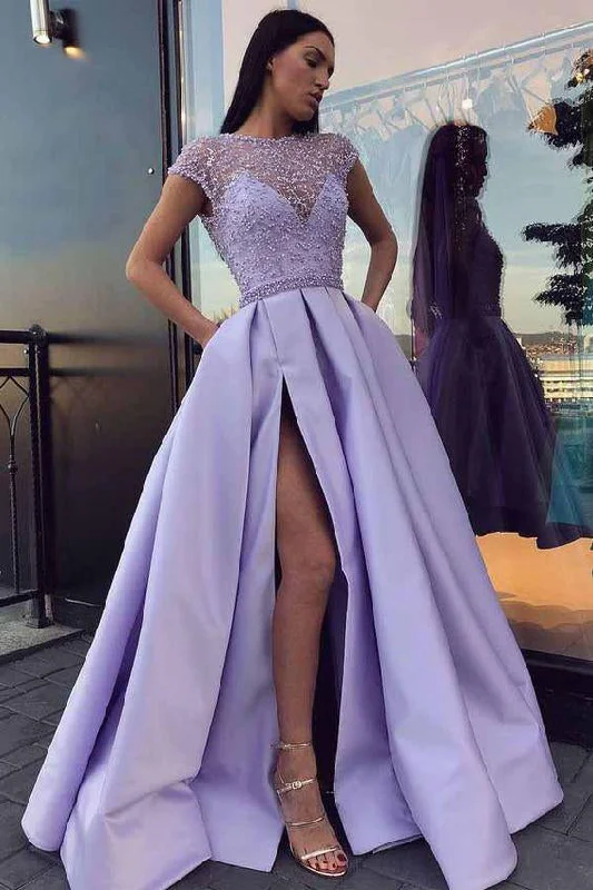 A-Line Cap Sleeves Satin Prom Dresses with Side Split N1455 Graduation unclassified dresses