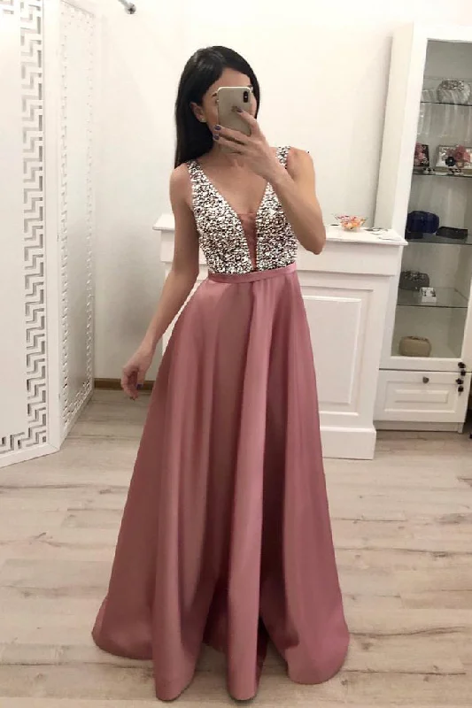 Sparkly A-Line V-Neck Satin Beading Backless Prom Dress N1524 Striped unclassified dresses