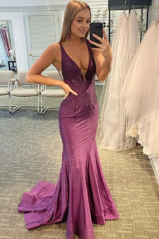 Beading V-neck Purple Mermaid Prom Dress Trendy new unclassified dresses