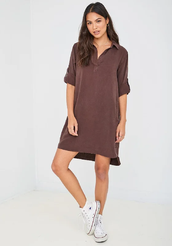 Bella Dahl A-Line Rolled Tab Sleeve Dress - Coffee Bean Dark color unclassified dresses