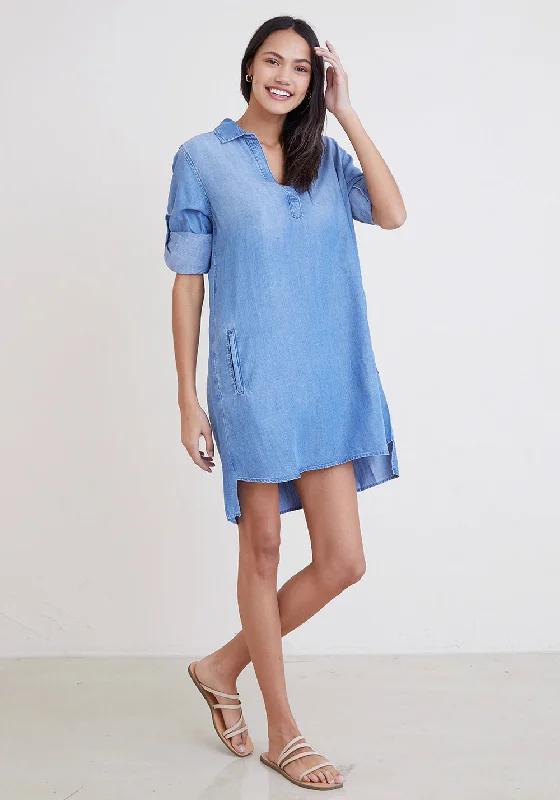 Bella Dahl A-Line Rolled Tab Sleeve Dress - Medium Ombre Wash Unique unclassified dresses