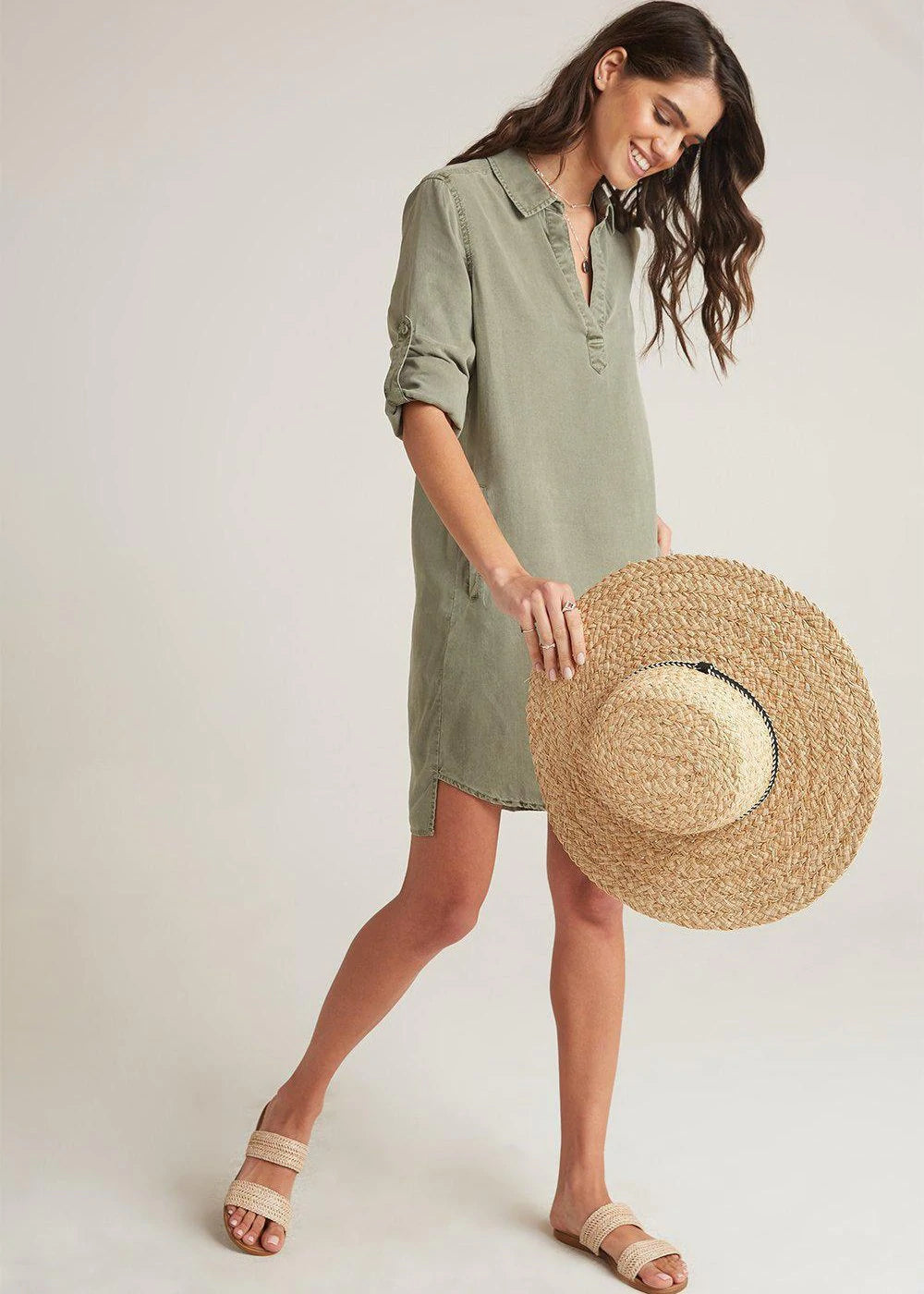 Bella Dahl A-Line Rolled Tab Sleeve Dress - Soft Army Smocked unclassified dresses