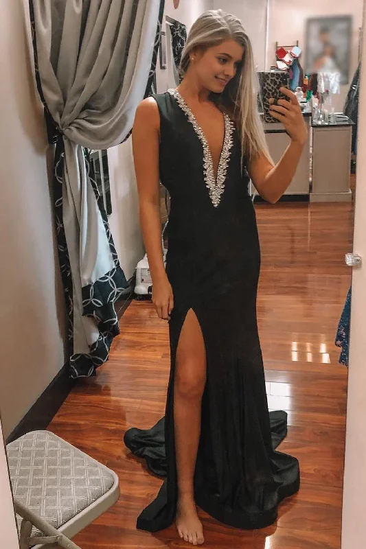 Black Deep V-Neck Mermaid Prom Dress with Slit Bold pattern unclassified dresses