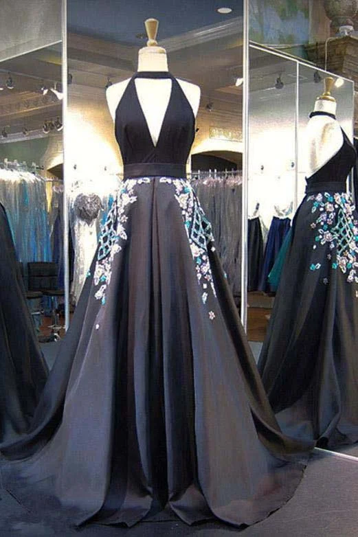 Black Halter Backless Evening Dress Deep V Neck Prom Gown with Appliques N1442 Casual chic unclassified dresses