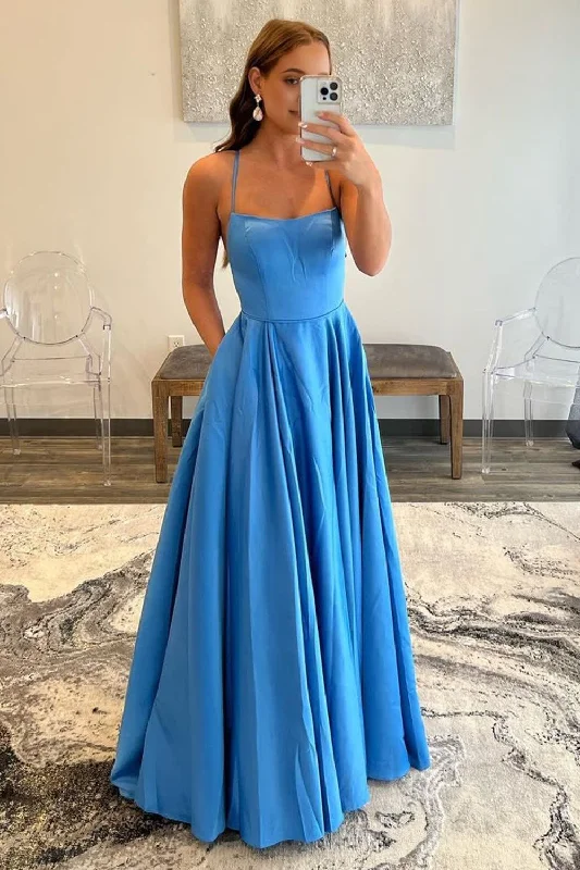 Blue A-Line Spaghetti Straps Simple Prom Dress with Pockets Budget-friendly unclassified dresses