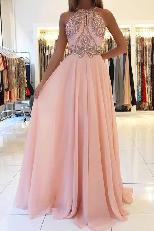 Blush Pink Chiffon Prom Dresses with Beading Rhinstone Flowy Backless Graduation Dresses N1745 Silk unclassified dresses