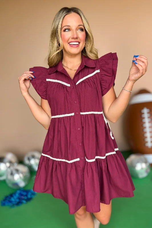 Burgundy Collared Double Ruffle Sleeve Tie Side Detail Button Down Dress *FINAL SALE* Holiday unclassified dresses