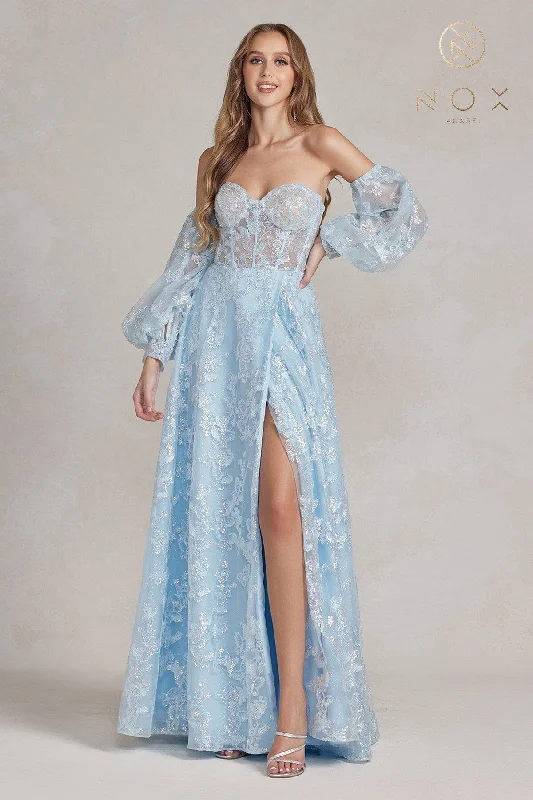 Butterfly Applique Puff Sleeve Gown by Nox Anabel K1155 Open-back unclassified dresses