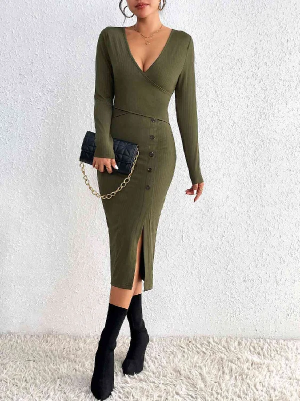 Buttoned Surplice Neck Slit Dress Long unclassified dresses