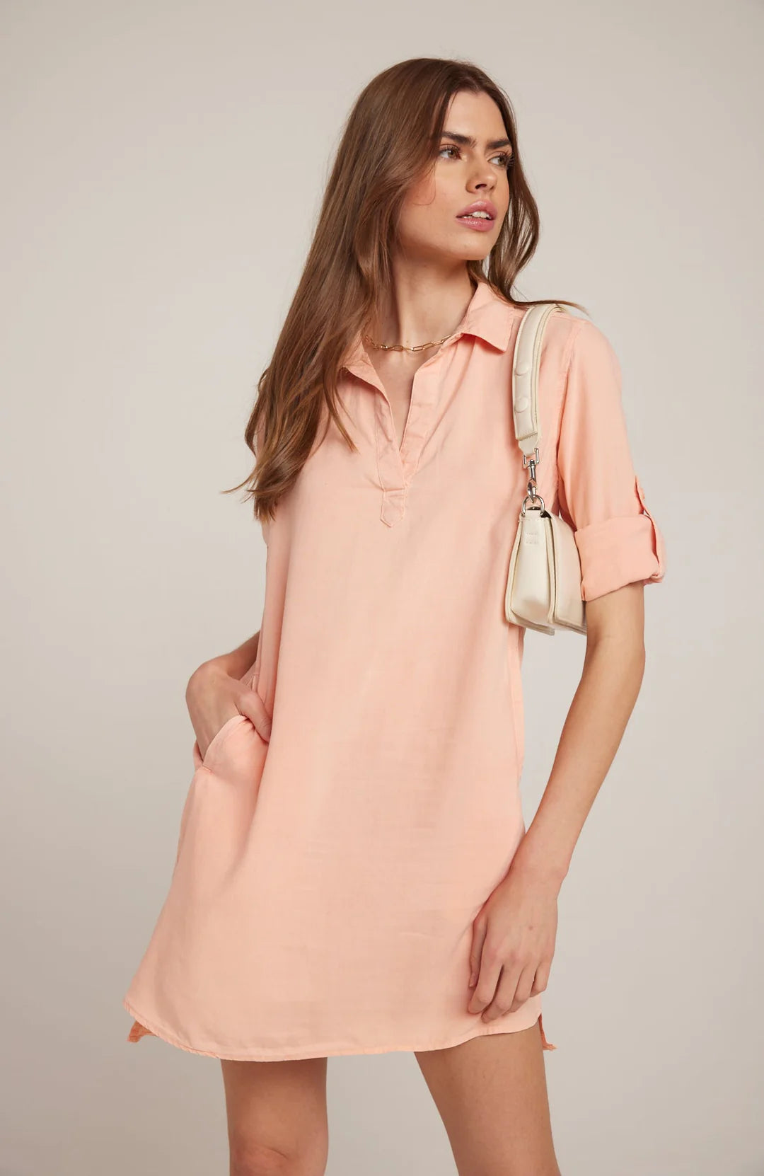 Bella Dahl A-Line Rolled Tab Sleeve Dress - Sunset Coral Smocked unclassified dresses