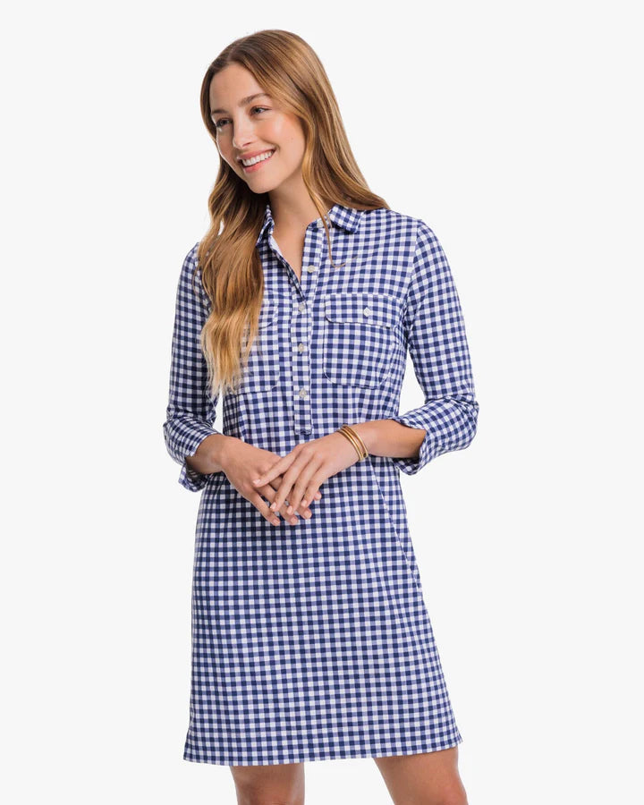 Southern Tide Jessica Gingham Performance Dress Nautical Navy Stretchy unclassified dresses