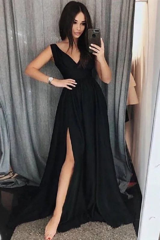 A Line V-Neck Black Prom Dresses with Side Slit Unique unclassified dresses