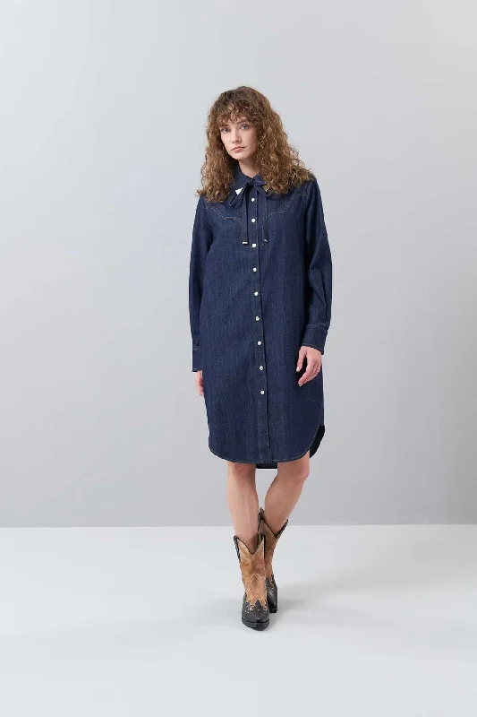 Denim Dress with Collar Tie Detail Navy Blue Buttoned Denim Skirt