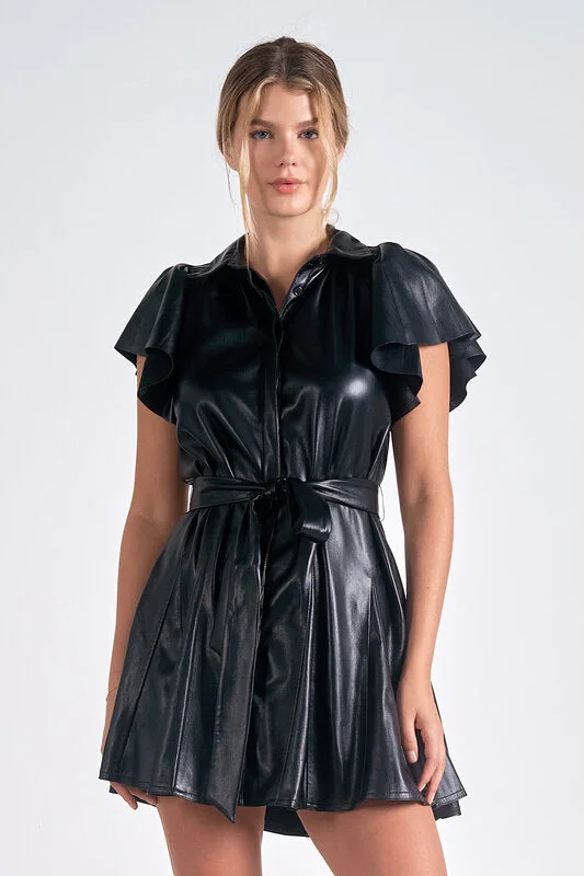 Faux Leather Flutter Sleeve Dress Ruffled unclassified dresses