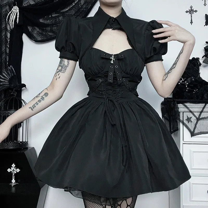 Dark Punk Grunge Ruched Gothic Spaghetti Strap Bandage Steampunk Elegant Dress Ruffled unclassified dresses