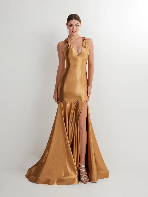 Fitted Satin V-Neck Slit Gown by Studio 17 12890 Trendy unclassified dresses