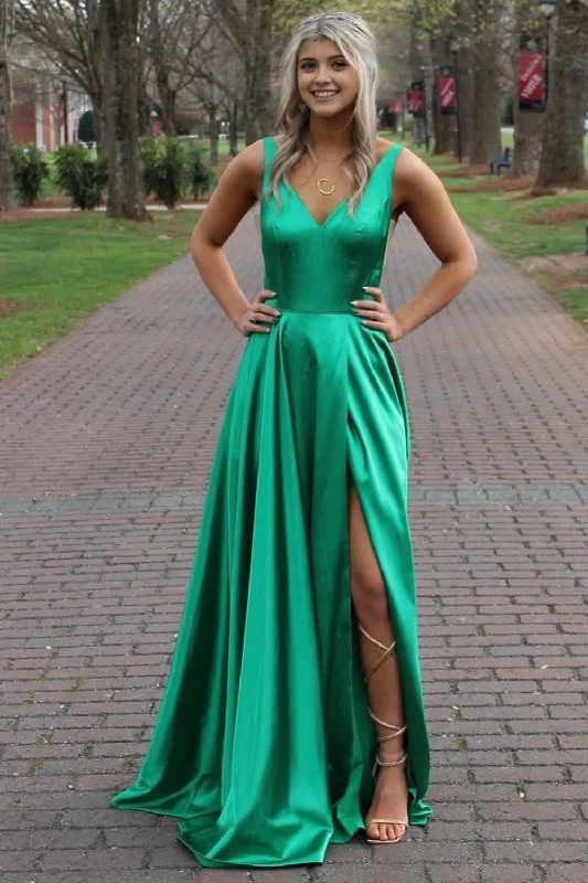 Green A-Line Satin V-Neck Prom Dress with Slit Date night unclassified dresses