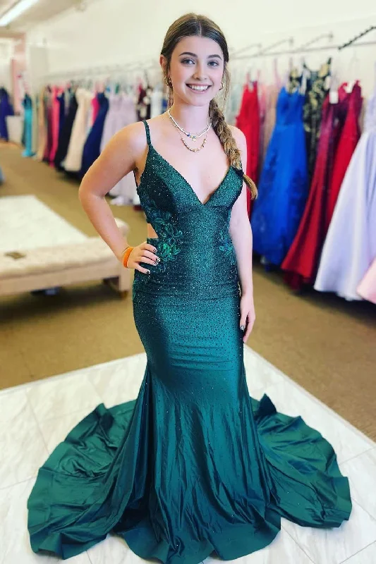 Green Beading Mermaid Prom Dress with Appliques Color block unclassified dresses