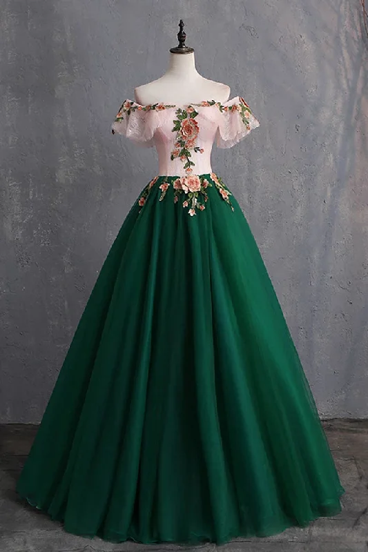 Green Puffy Off the Shoulder Floor Length Appliqued Prom Dresses Formal unclassified dresses