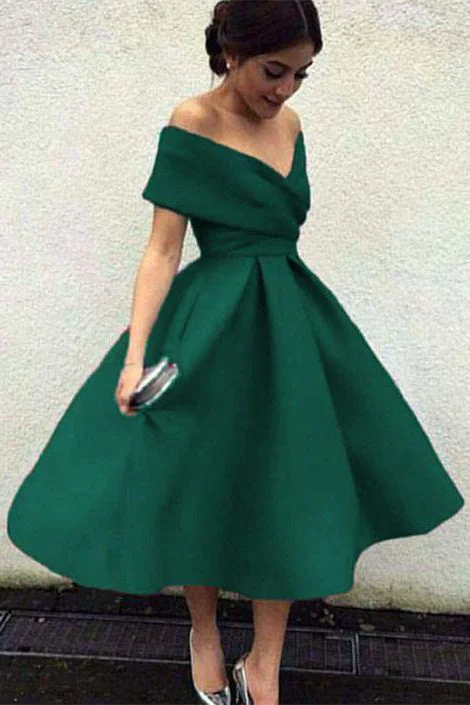 Green Off the Shoulder Tea Length Satin Cute Homecoming Dresses Date night unclassified dresses