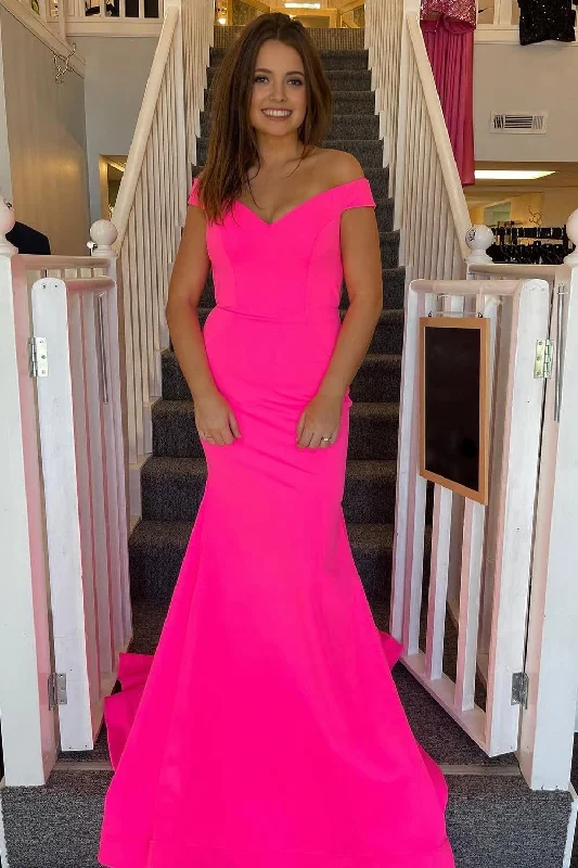 Hot Pink Satin Mermaid Prom Dress with Hollow-Out Back Floral unclassified dresses