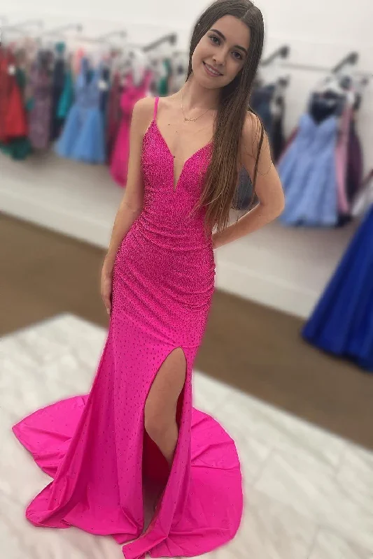 Hot Pink V Neck Mermaid Prom Dress with Slit Engagement unclassified dresses