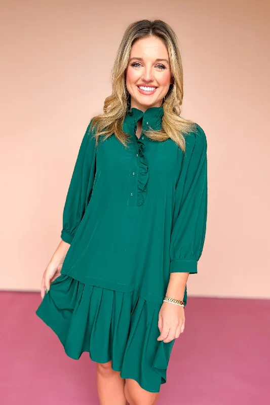 Hunter Green Ruffle Neck Drop Waist Dress Chiffon unclassified dresses