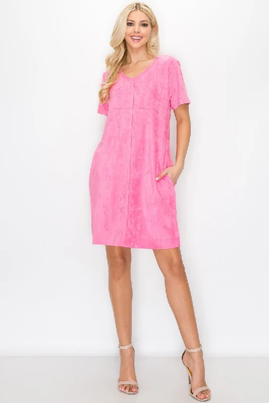 JOH Audrey Suede Crew Neck Dress with Pockets Bubble Gum High-end unclassified dresses