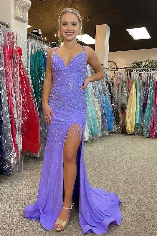 Lavender Halter Sparkly Beaded Prom Dress with Fringes Date night unclassified dresses