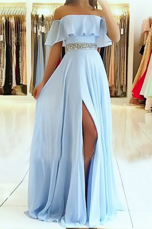 Off the Shoulder Side Slit Flowy Prom Dresses with Beading Waist Flowy unclassified dresses