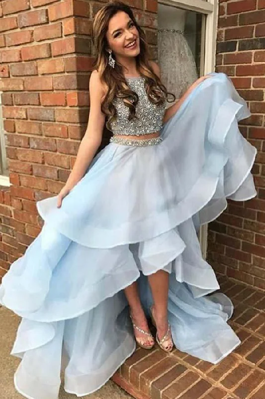 Light Blue Two Piece Beading High Low Prom Dresses Sparkly Sleeveless Evening Dresses N1706 Fall unclassified dresses