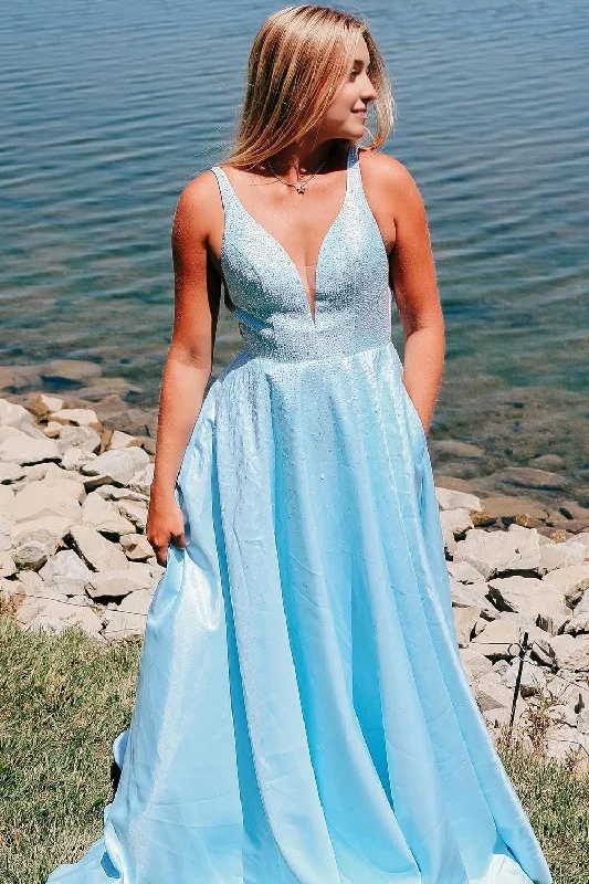 Light Blue V-neck A-Line Prom Dress with Pockets Festival unclassified dresses