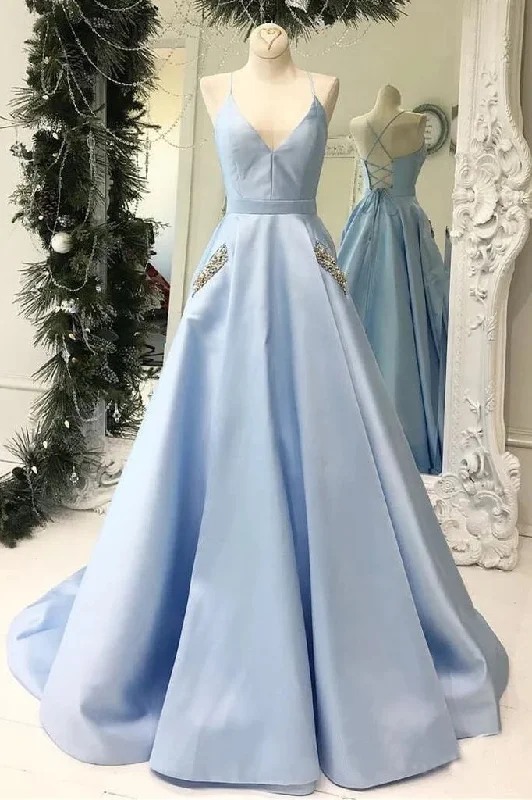 Light Blue V-Neck Floor Length Satin Prom Dresses with Pockets Ruched unclassified dresses