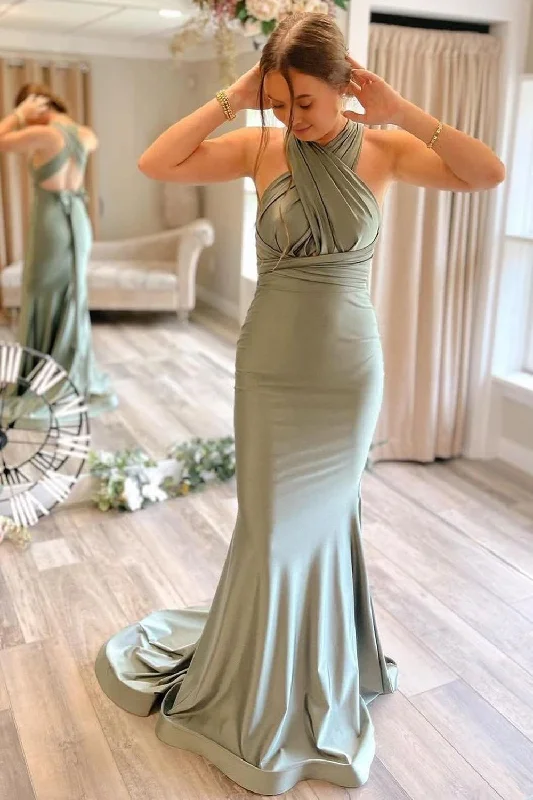 Light Green Convertible Satin Mermaid Prom Bridesmaid Dress Flowy unclassified dresses